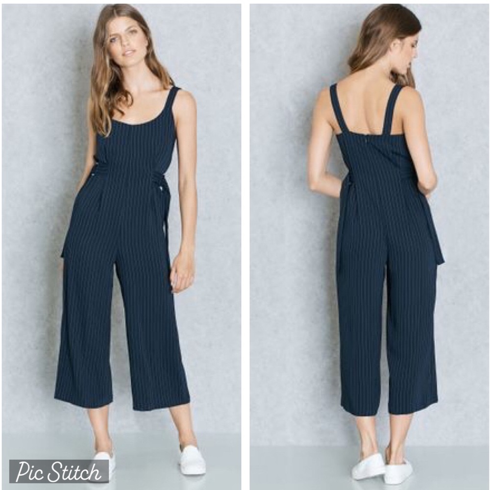 Topshop Pinstripe Wide Leg jumpsuit with adjustable waist buckle